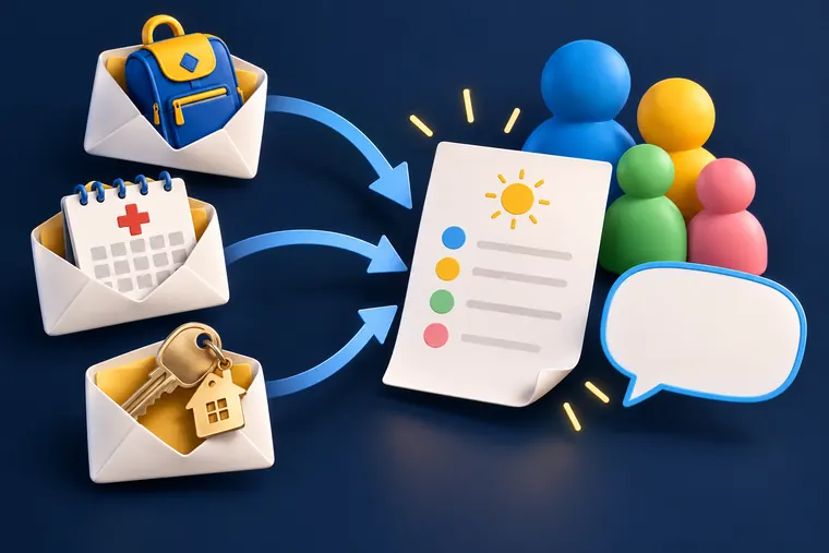 Google CC: схема сборки школьных писем, напоминаний и счетов в сводку